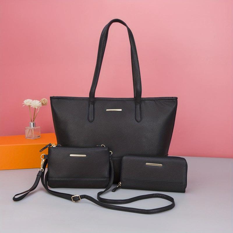 3Pcs Geometric Pattern Bag Set Women's Colorblock Tote Bag With Crossbody Bag