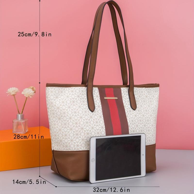 3Pcs Geometric Pattern Bag Set Women's Colorblock Tote Bag With Crossbody Bag