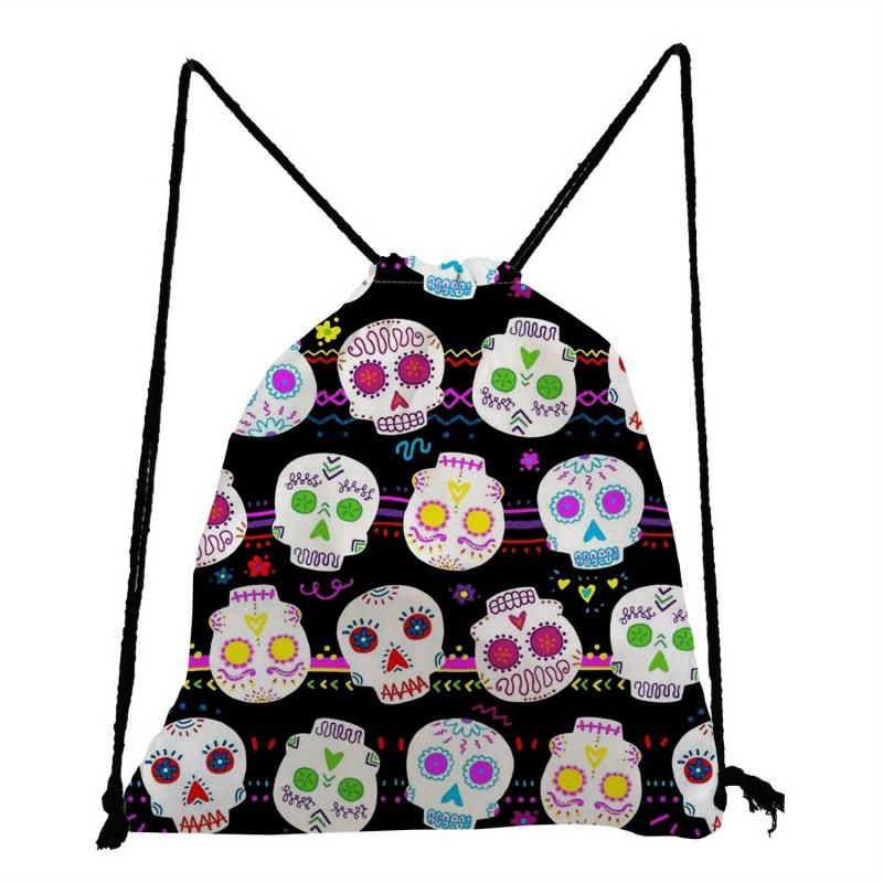 Skull & Flowers Pattern Backpack Drawstring Sports Bag