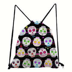 Skull & Flowers Pattern Backpack Drawstring Sports Bag