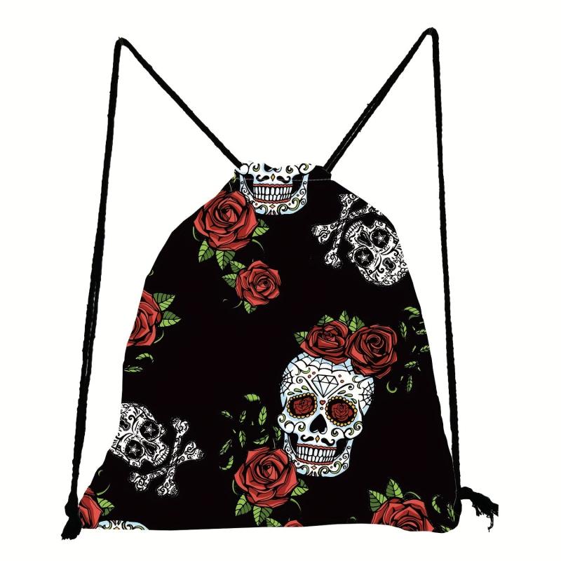 Skull & Flowers Pattern Backpack Drawstring Sports Bag