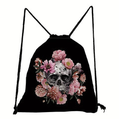 Skull & Flowers Pattern Backpack Drawstring Sports Bag