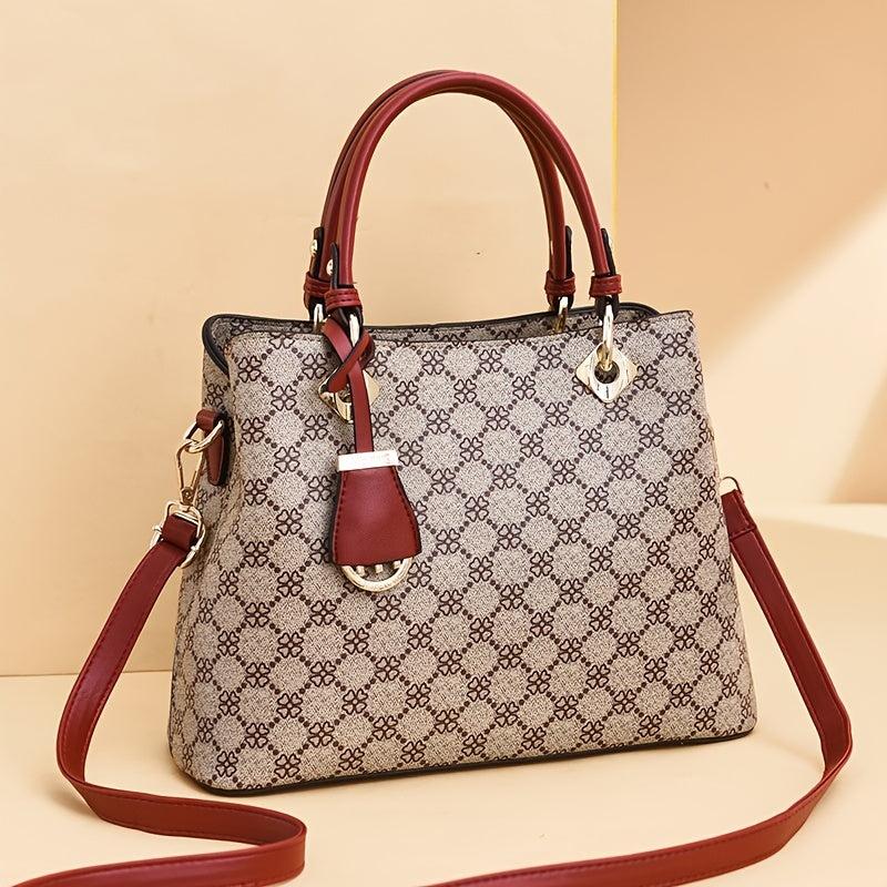 Geometric Pattern Hand Tote Bag Set with Clutch Wrist Bag