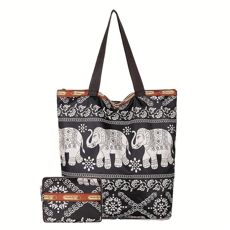 2Pcs Flower Tote Bag Set Women's Nylon Shoulder Bag With Coin Purse
