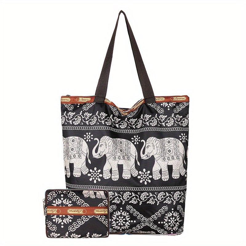 2Pcs Flower Tote Bag Set Women's Nylon Shoulder Bag With Coin Purse