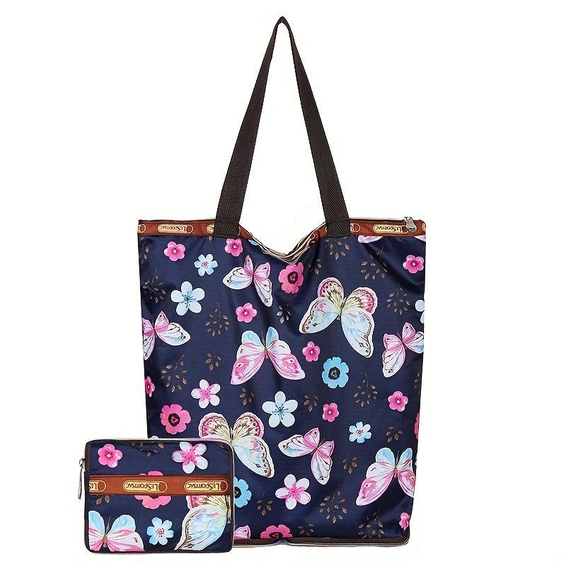 2Pcs Flower Tote Bag Set Women's Nylon Shoulder Bag With Coin Purse