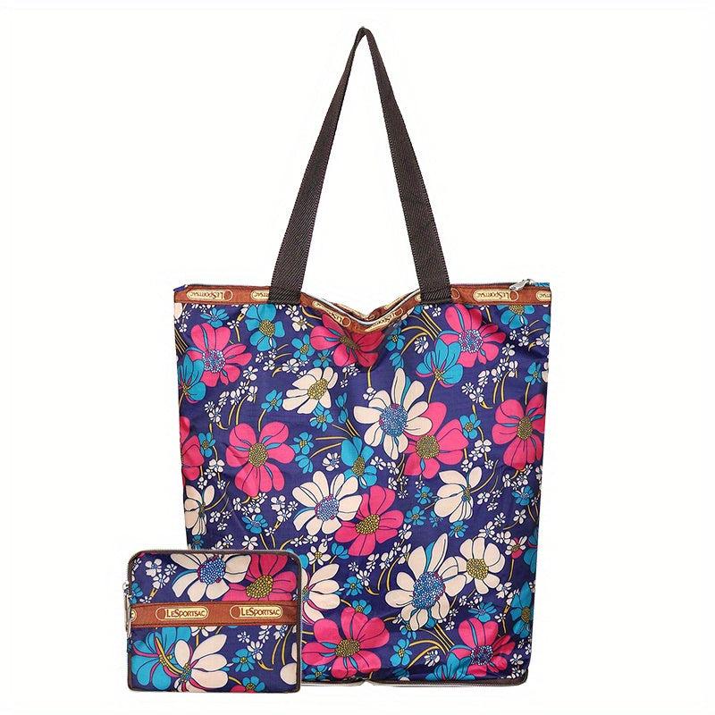 2Pcs Flower Tote Bag Set Women's Nylon Shoulder Bag With Coin Purse
