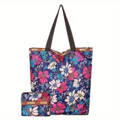 2Pcs Flower Tote Bag Set Women's Nylon Shoulder Bag With Coin Purse
