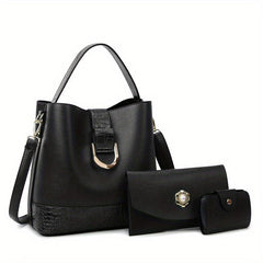 3pcs Textured PU Leather Tote Clutch Set