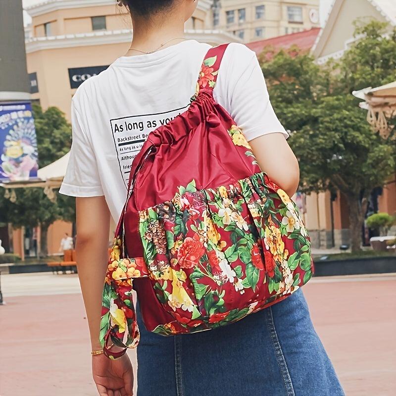 Drawstring Elastic Print Backpack Large Capacity Waterproof Nylon Women's Bags