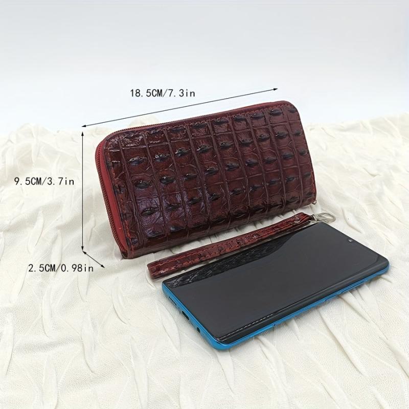 Vintage Crocodile Embossed Long Wallet Zipper Around Coin Purse Faux Leather