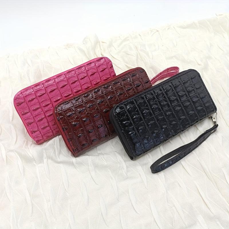 Vintage Crocodile Embossed Long Wallet Zipper Around Coin Purse Faux Leather