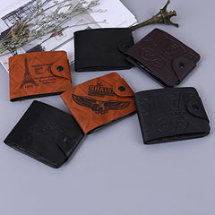 Men's Leather Short Wallet Eagle Tower Letter Pattern Wallet Money Clip