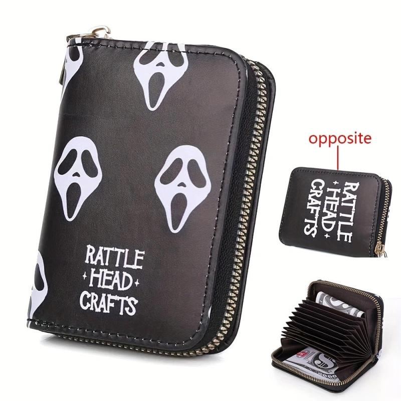 Men's Skull Head Print Zipper Card Holder Short Wallet