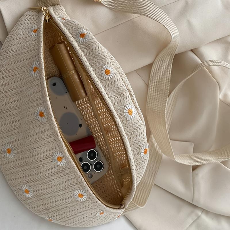 Floral Crochet Zipper Crossbody Waist Bag Adjustable Straps