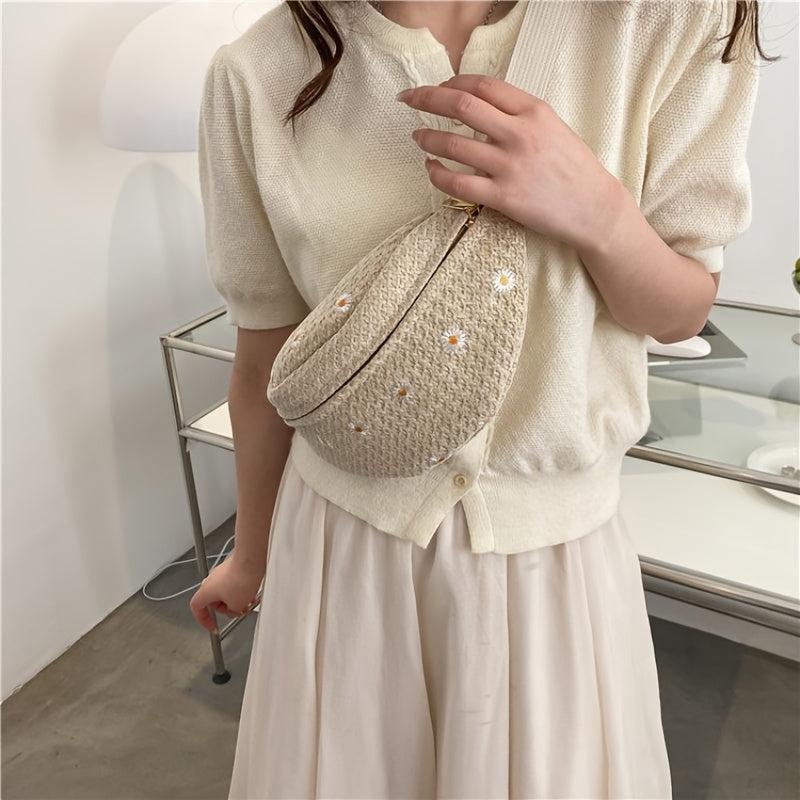 Floral Crochet Zipper Crossbody Waist Bag Adjustable Straps