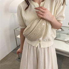 Floral Crochet Zipper Crossbody Waist Bag Adjustable Straps