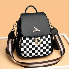 Plaid PU Leather Backpack Double Zipper Travel Backpack