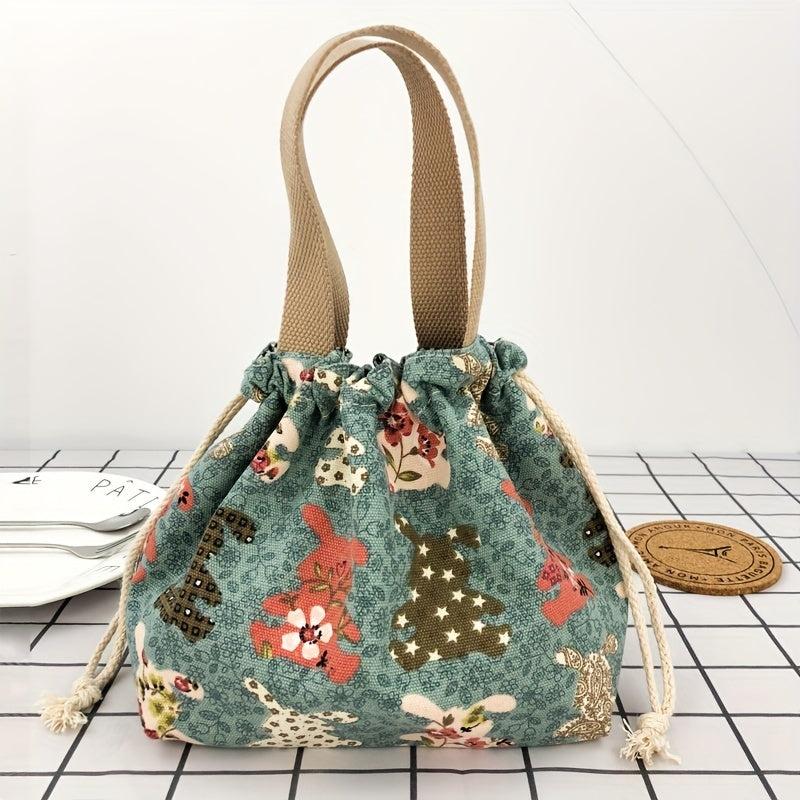 Flower Animal Canvas Bucket Bag Drawstring Lunch Box Bag