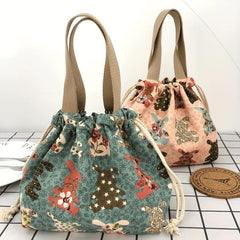 Flower Animal Canvas Bucket Bag Drawstring Lunch Box Bag