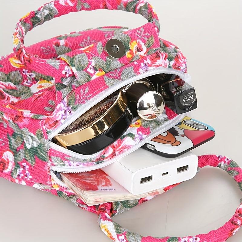 Floral Pattern Canvas Handbag Round Coin Purse Portable Mother Grocery Bag