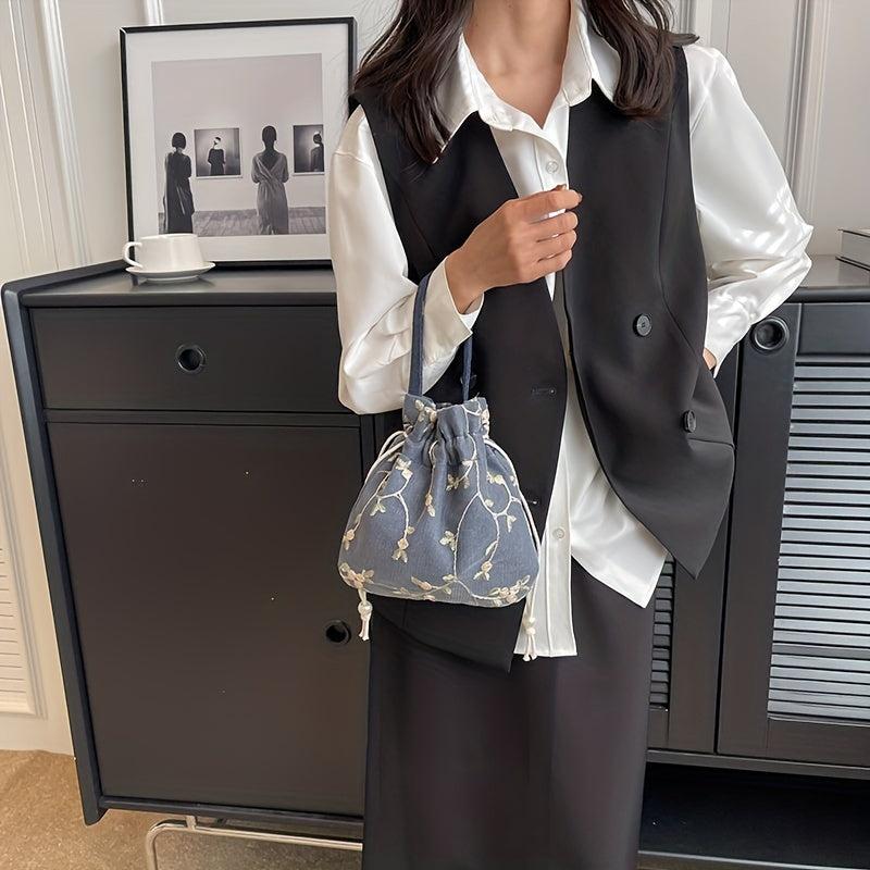 Flower Embroidery Canvas Handbag Drawstring Bucket Bag Purse