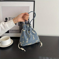 Flower Embroidery Canvas Handbag Drawstring Bucket Bag Purse