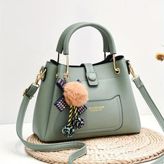 PU Leather Handbag Crossbody Bag With Plush Ball Satchel Purse