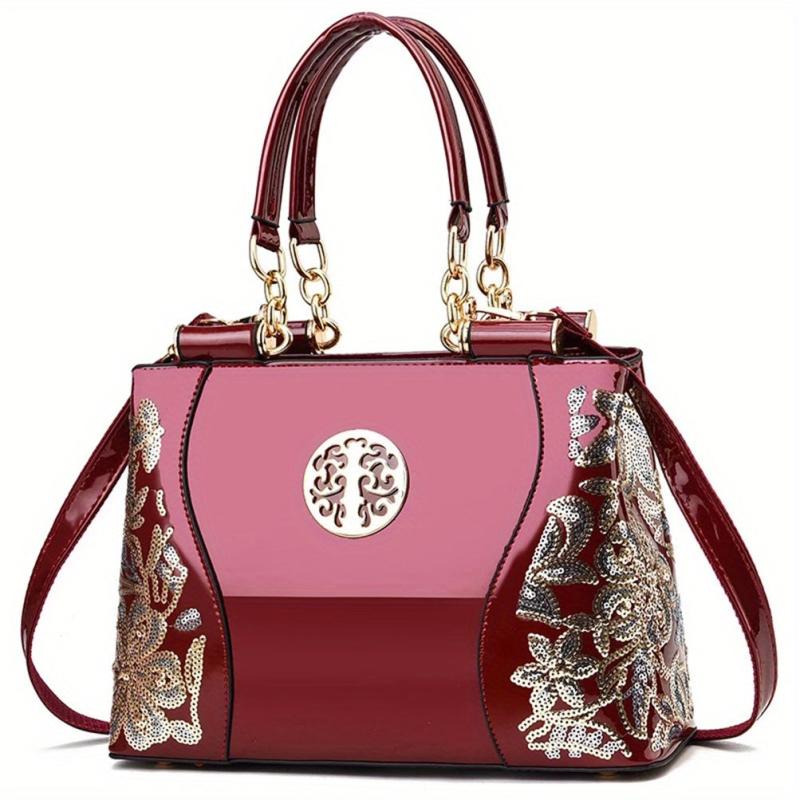 Sequin Embroidery Shoulder Bag with Adjustable Strap