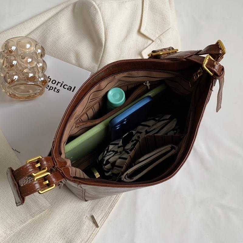 Wide Strap Crossbody Bag PU Leather Textured Bag Purse