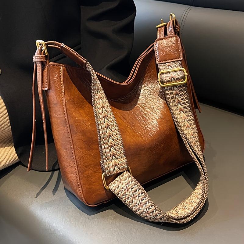 Wide Strap Crossbody Bag PU Leather Textured Bag Purse