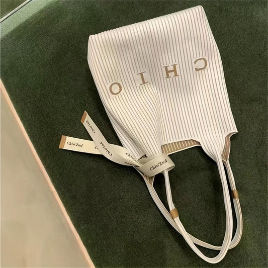 Striped Pattern Shoulder Bag Vintage Knitted Tote Bag