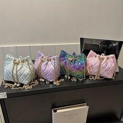 Quilted Drawstring Shoulder Bag with Chain Strap for Women