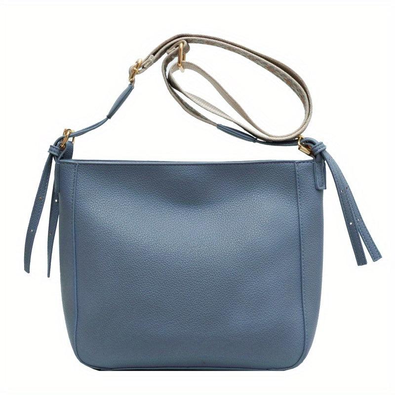 Minimalist Solid Shoulder Bag with Geometric Pattern Strap