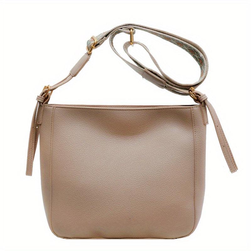 Minimalist Solid Shoulder Bag with Geometric Pattern Strap
