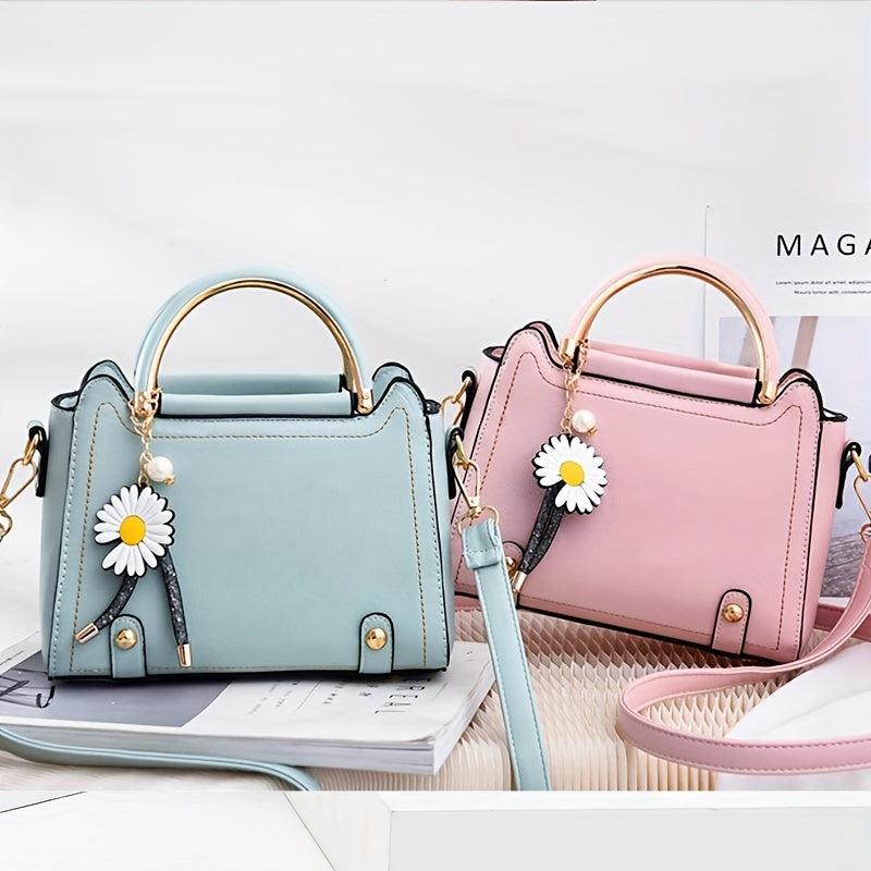 Classic Satchel Bag Shoulder Bag with Flower Pendant