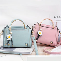 Classic Satchel Bag Shoulder Bag with Flower Pendant