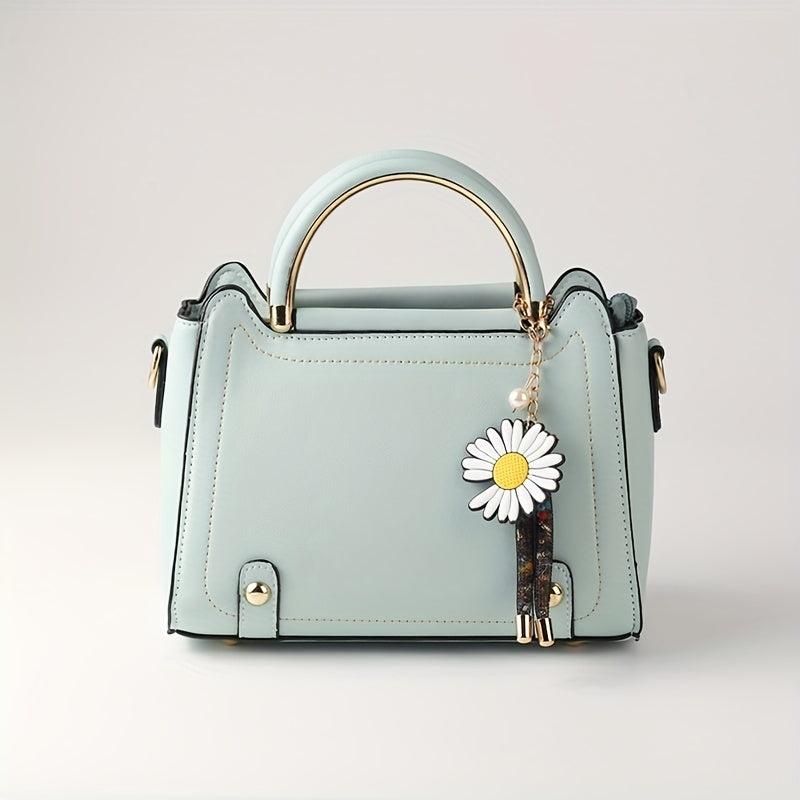 Classic Satchel Bag Shoulder Bag with Flower Pendant