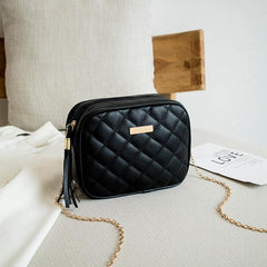 Stylish Mini Chain Crossbody Bag Argyle Quilted Purse with Tassel