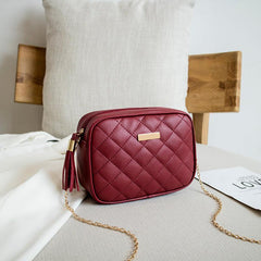 Stylish Mini Chain Crossbody Bag Argyle Quilted Purse with Tassel