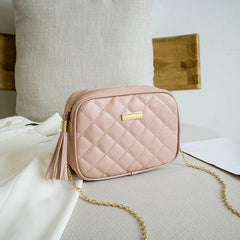 Stylish Mini Chain Crossbody Bag Argyle Quilted Purse with Tassel