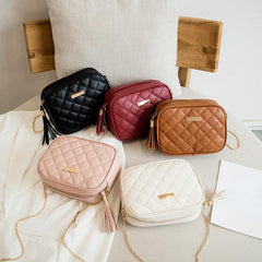 Stylish Mini Chain Crossbody Bag Argyle Quilted Purse with Tassel
