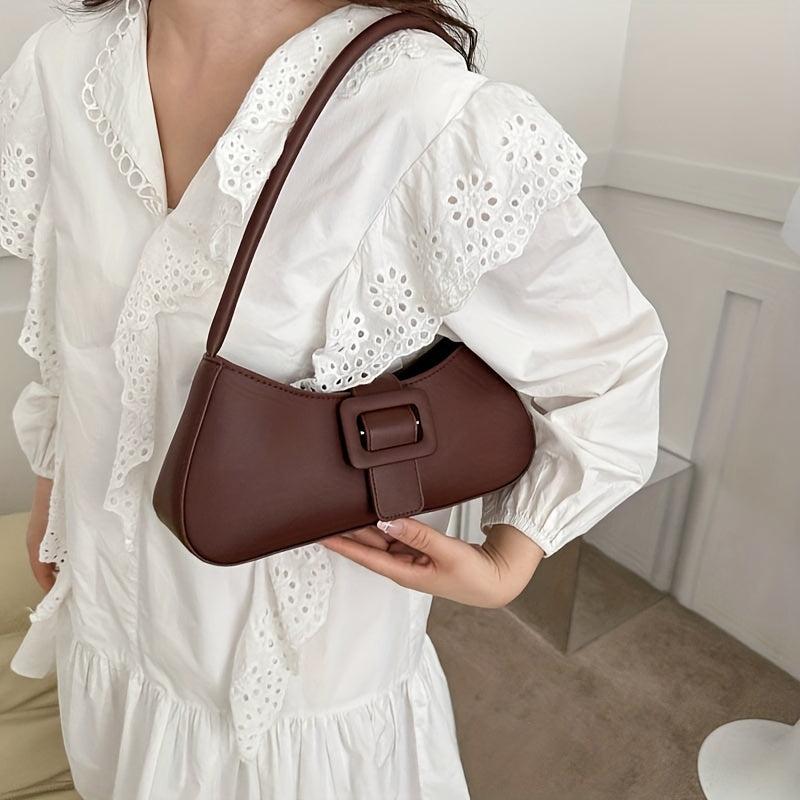 Minimalist Baguette Bag Solid Shoulder Bag Buckle Decor Underarm Purse