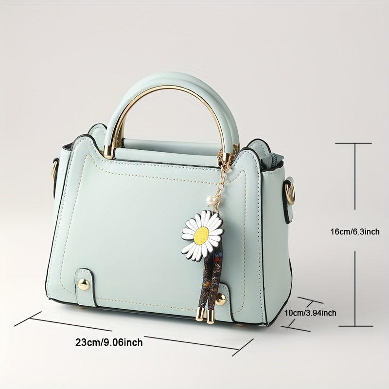 Classic Satchel Bag with Flower Pendant Shoulder Bag for Work
