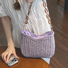 Straw Beach Bag Chain Crossbody Boho Style Braided Shoulder Bag for Women