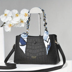 Crocodile Embossed Shoulder Bag with Scarf - Women's Satchel