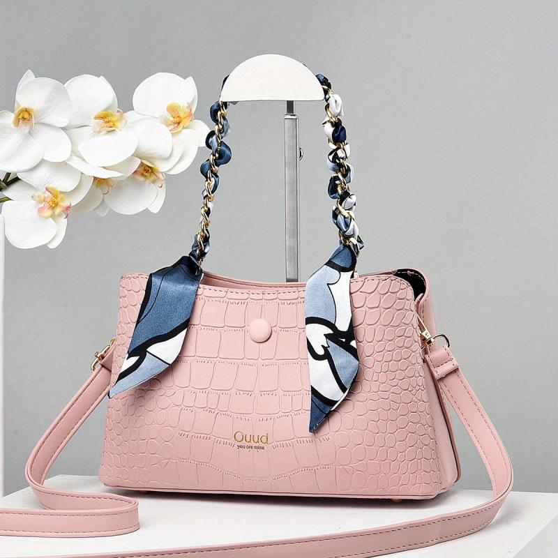 Crocodile Embossed Shoulder Bag with Scarf - Women's Satchel