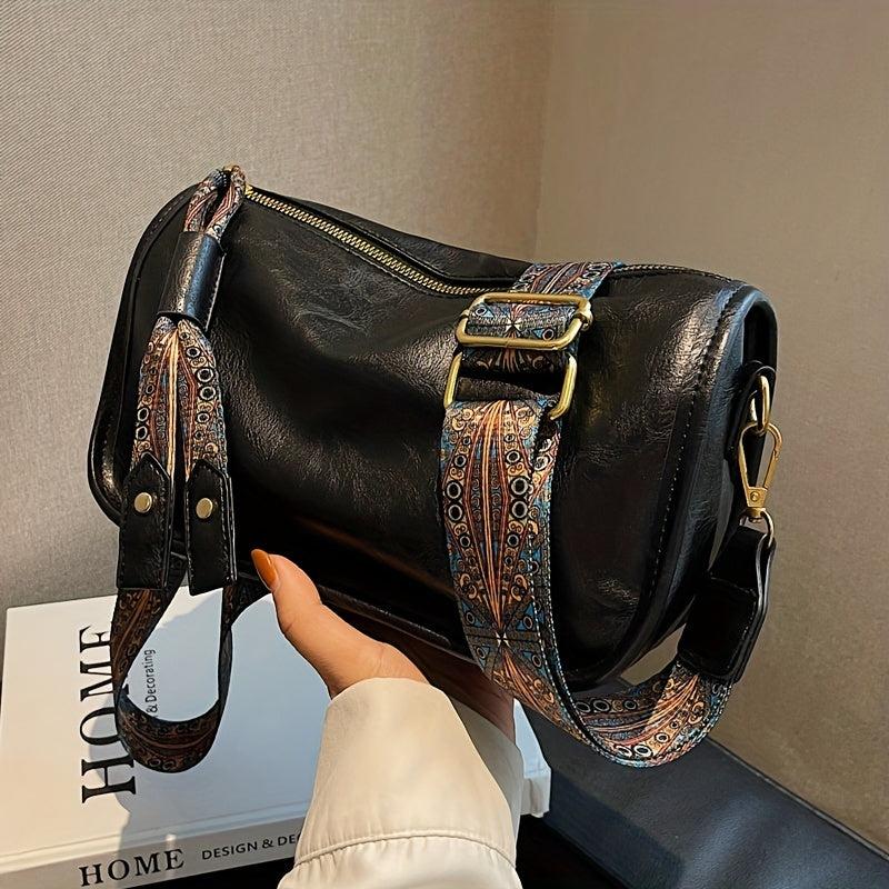 Graphic Pattern Zipper Crossbody Bag With Wide Strap