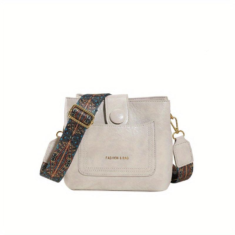 Retro Style Wax Leather Crossbody Bag Wide Strap Shoulder Purse