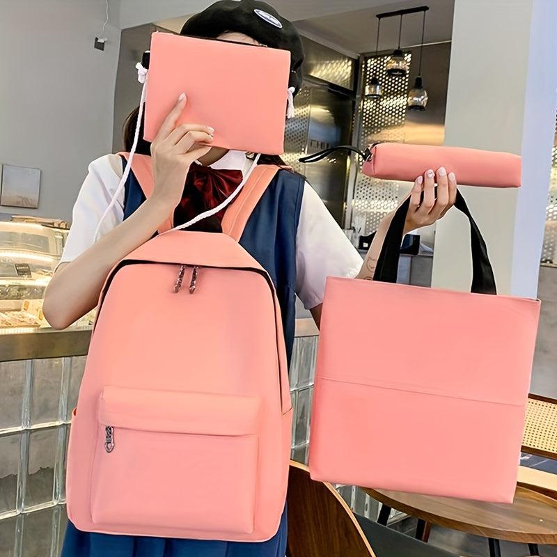 4PCS Pink Backpack Set School Daypack Travel Shoulder Tote Lunch Pencil Bag